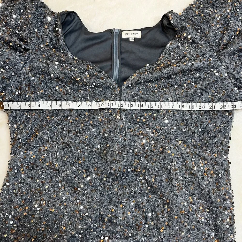 Faeriesty Silver Gray Sequin Formal Gown Bodycon Oversized Ruffle Sleeves Sz 3XL - Picture 10 of 12
